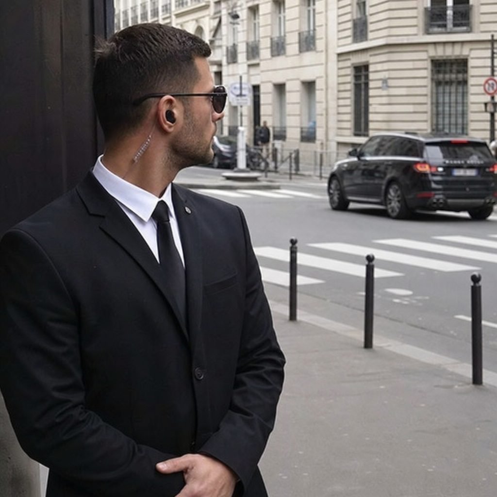 Agent de protection rapprochée en surveillance dans une rue parisienne