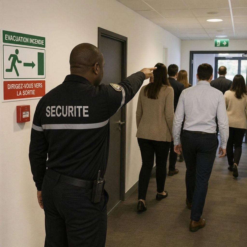 Agent de sécurité guidant l’évacuation d’un bâtiment vers la sortie
